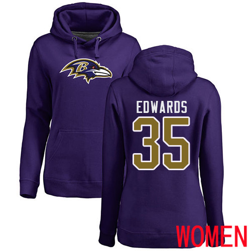Baltimore Ravens Purple Women Gus Edwards Name and Number Logo NFL Football #35 Pullover Hoodie Sweatshirt